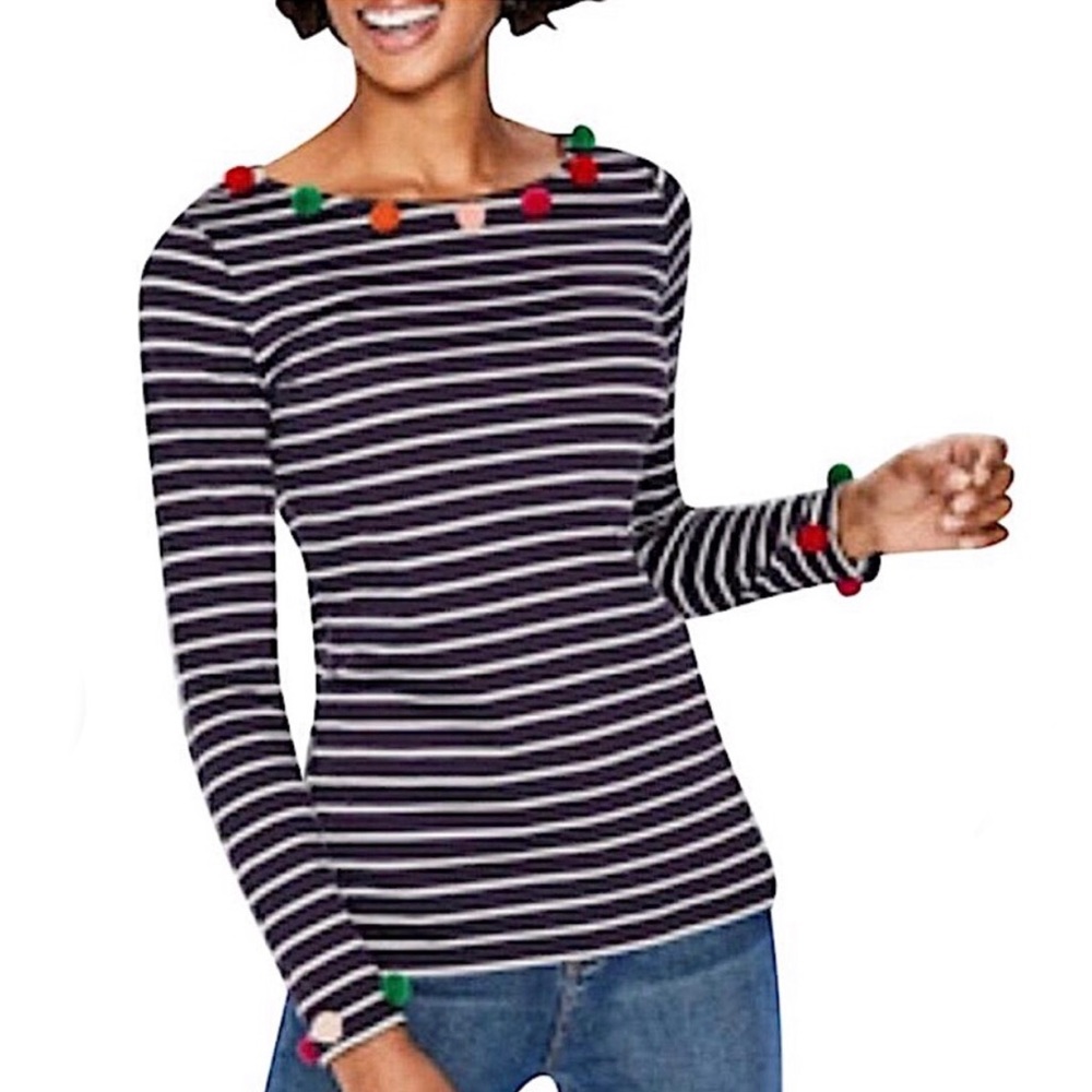 Boden Navy and White Breton Stripe Shirt With Multicolored Pom-Pom Trim